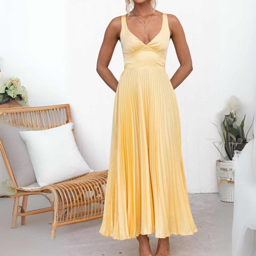Aby | Vestido Maximal Amarillo con Escote en V Plisado