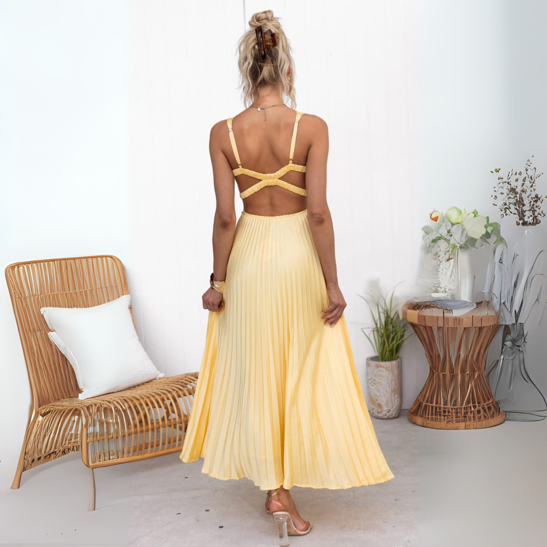 Aby | Vestido Maximal Amarillo con Escote en V Plisado