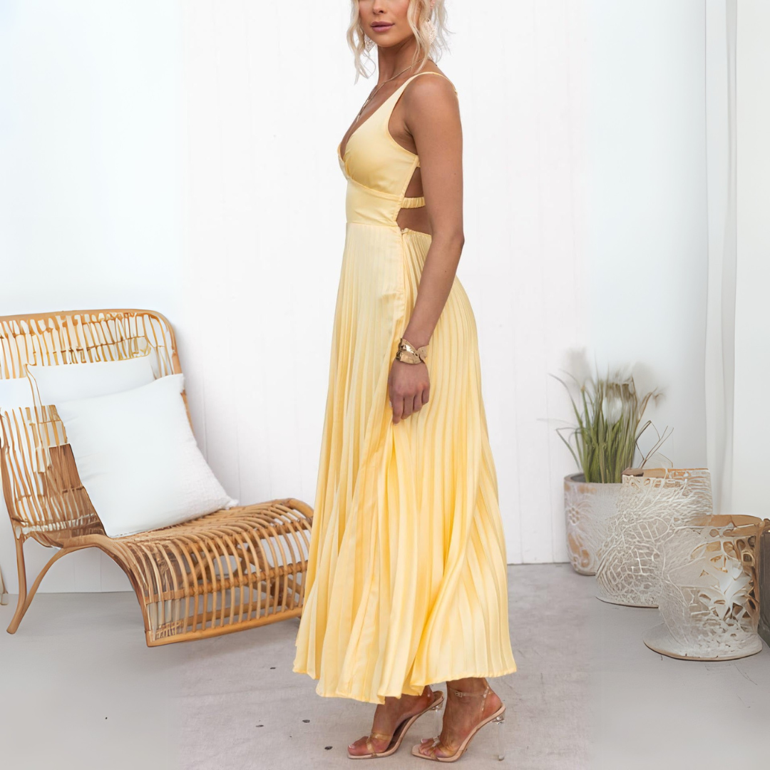 Aby | Vestido Maximal Amarillo con Escote en V Plisado