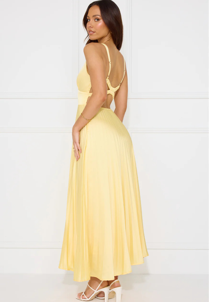 Ilsa| Vestido largo con escote en V plisado amarillo